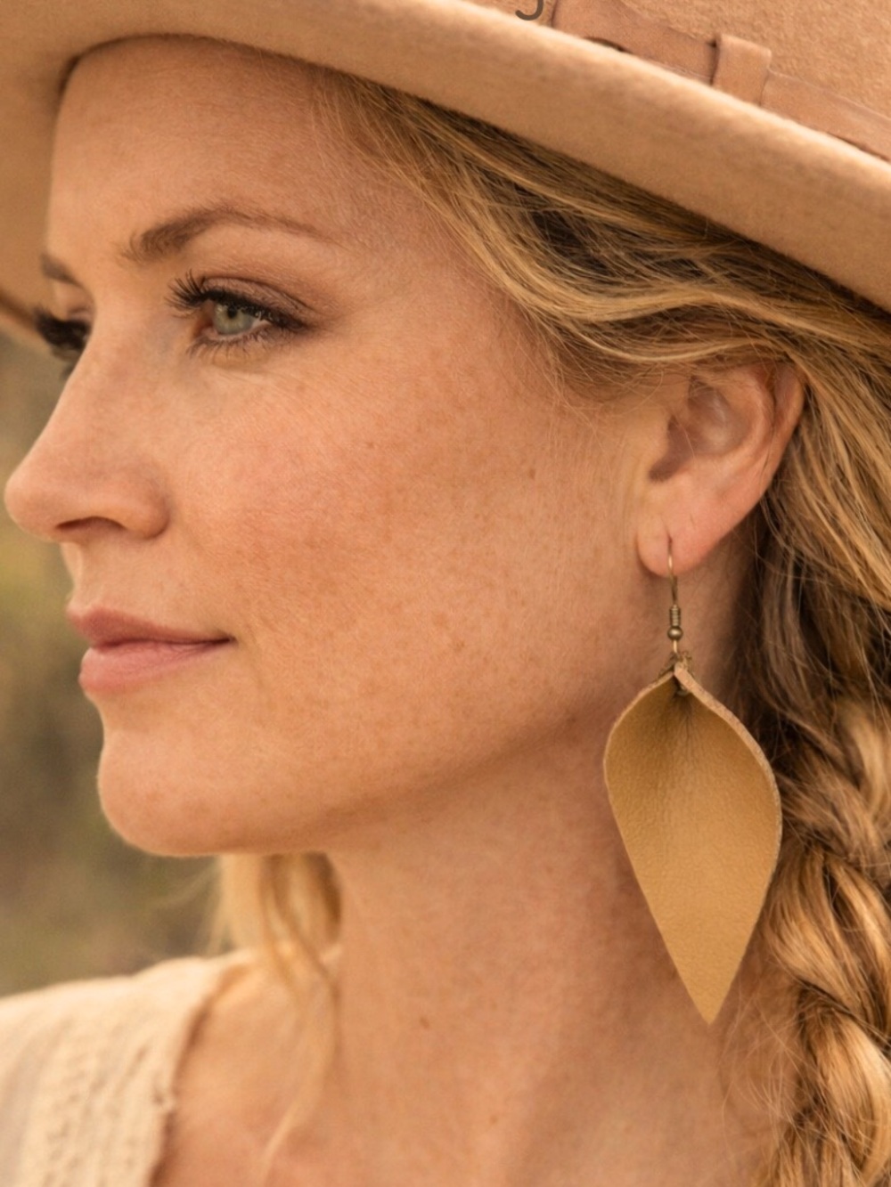 Neutral Tan Leather Leaf Drop Earrings